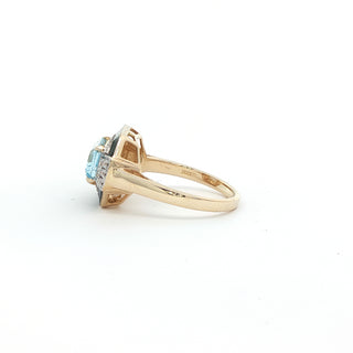 9KT YELLOW GOLD BLUE TOPAZ DIAMOND BLACK ENAMEL RING