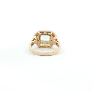 9KT YELLOW GOLD BLUE TOPAZ DIAMOND BLACK ENAMEL RING