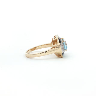 9KT YELLOW GOLD BLUE TOPAZ DIAMOND BLACK ENAMEL RING
