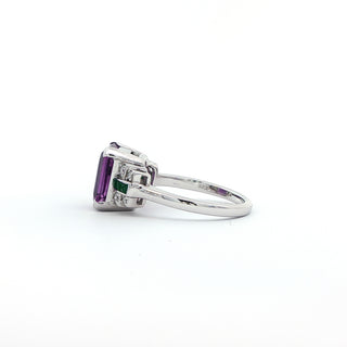 9KT WHITE GOLD AMETHYST EMERALD DIAMOND RING