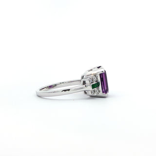 9KT WHITE GOLD AMETHYST EMERALD DIAMOND RING