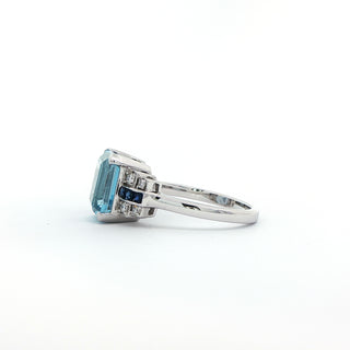 9KT WHITE GOLD BLUE TOPAZ SAPPHIRE DIAMOND RING