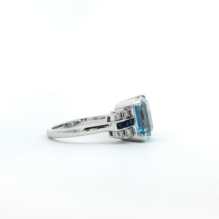9KT WHITE GOLD BLUE TOPAZ SAPPHIRE DIAMOND RING