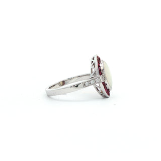 9KT WHITE GOLD OPAL RUBY DIAMOND RING
