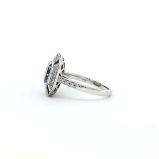9KT WHITE GOLD BLUE TOPAZ SAPPHIRE DIAMOND RING