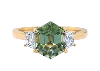 18KT YG OLIVE GREEN TOURMALINE DIAMOND RING . GIA CERTIFIED