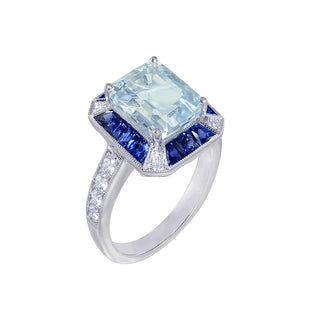 18 Kt White Gold French Cut Aquamarine and Diamond Ring
