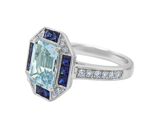 18K W/G AQUAMARINE BLUE SAPPHIRE DIAMOND RING