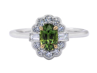 Platinum and 18 Kt Yellow Gold Green Sapphire and Diamond Ring