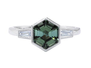 Platinum Olive Green Tourmaline and Diamond Ring.
