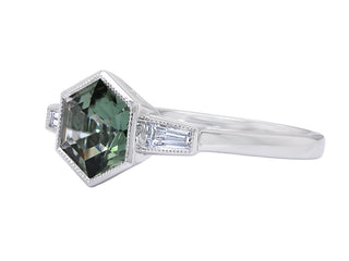 Platinum Olive Green Tourmaline and Diamond Ring.