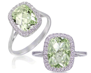 18 Kt White Gold Green Amethyst and Diamond Ring