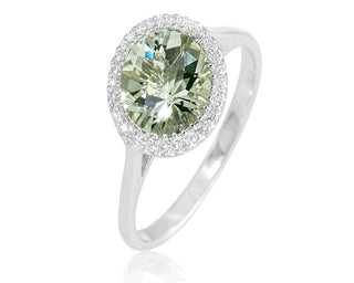 18 Kt White Gold Green Amethyst and Diamond Ring