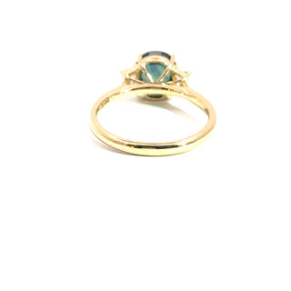 18KT YG TEAL SAPP AND DIAMOND RING