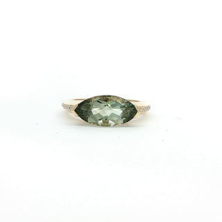 9KT YELLOW GOLD GREEN AMETHYST DIAMOND RING