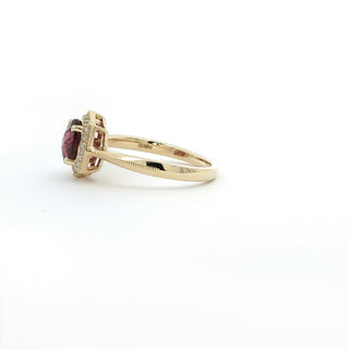 9KT YELLOW GOLD RHODOLITE DIAMOND RING