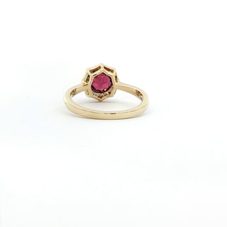 9KT YELLOW GOLD RHODOLITE DIAMOND RING